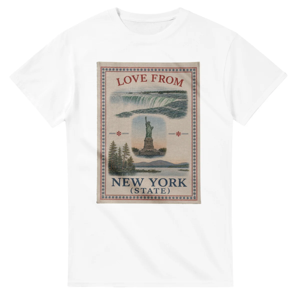 Framed scenic design for New York (state), with several local views, a decorative border and LOVE FROM lettering.