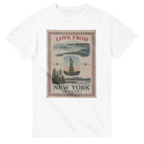 Framed scenic design for New York (state), with several local views, a decorative border and LOVE FROM lettering.