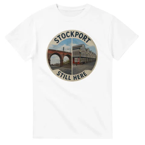 Painted, panelled scenic illustration for Stockport, with paired local scenes and the place name in lettering.