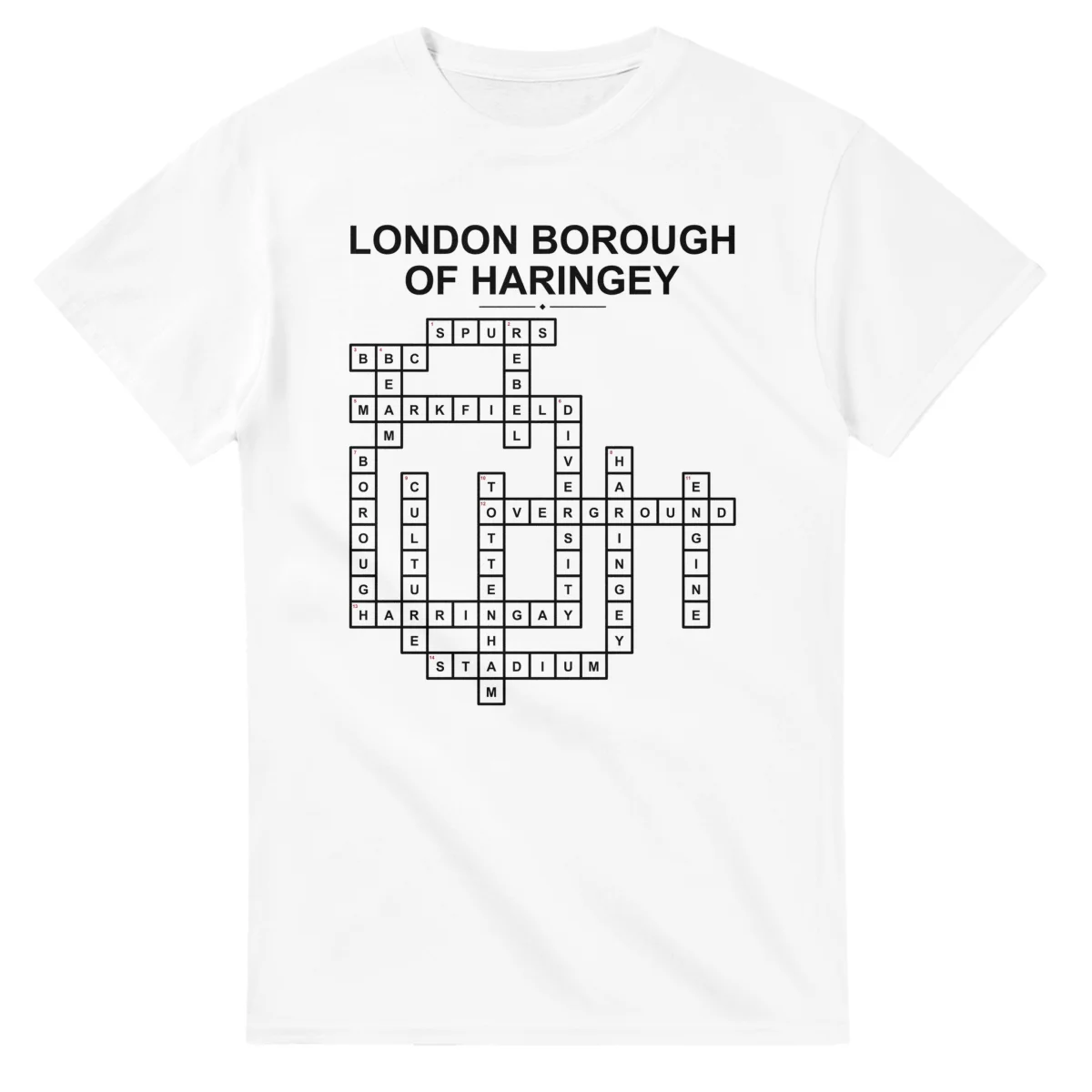 Monochrome crossword sheet for London Borough of Haringey, with a large place-name heading, a letter grid, and numbered across and down clues.