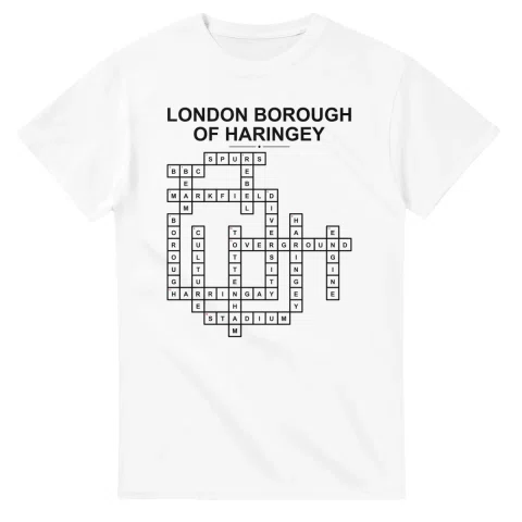 Monochrome crossword sheet for London Borough of Haringey, with a large place-name heading, a letter grid, and numbered across and down clues.