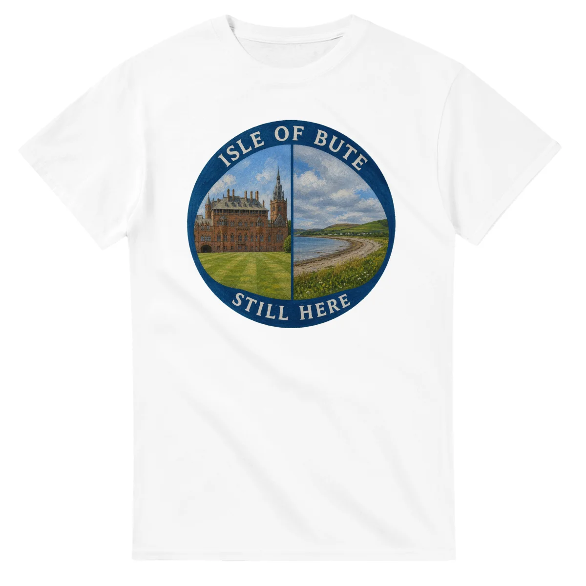 Painted, panelled scenic illustration for Isle of Bute, with paired local scenes and the place name in lettering.