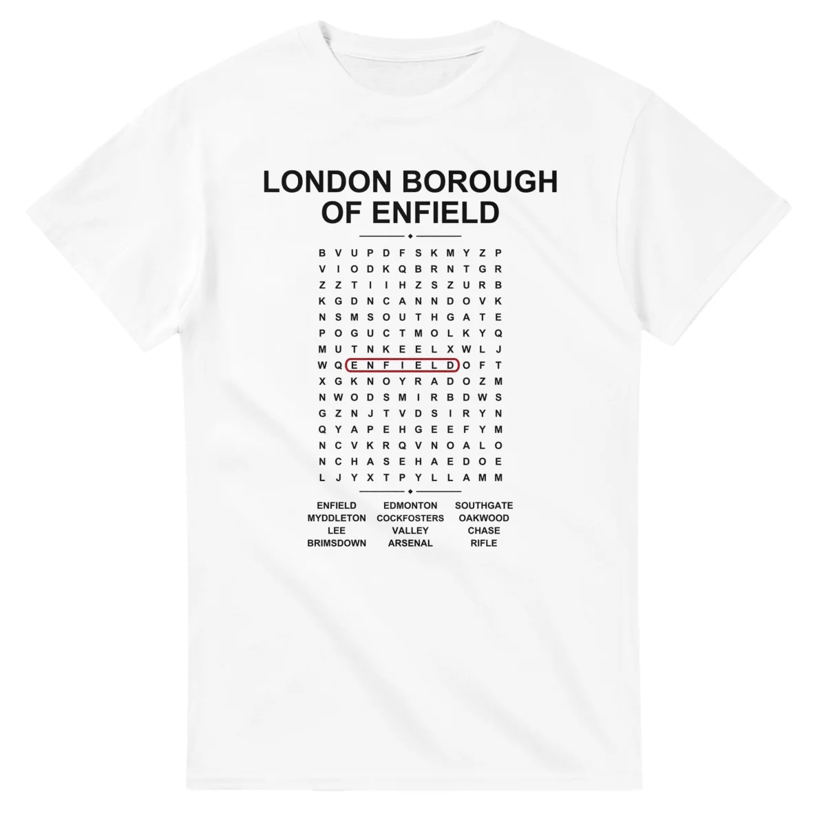 Word-search sheet for London Borough of Enfield, with a large place-name heading, a letter grid, a local answer list, and a red highlighted example word.