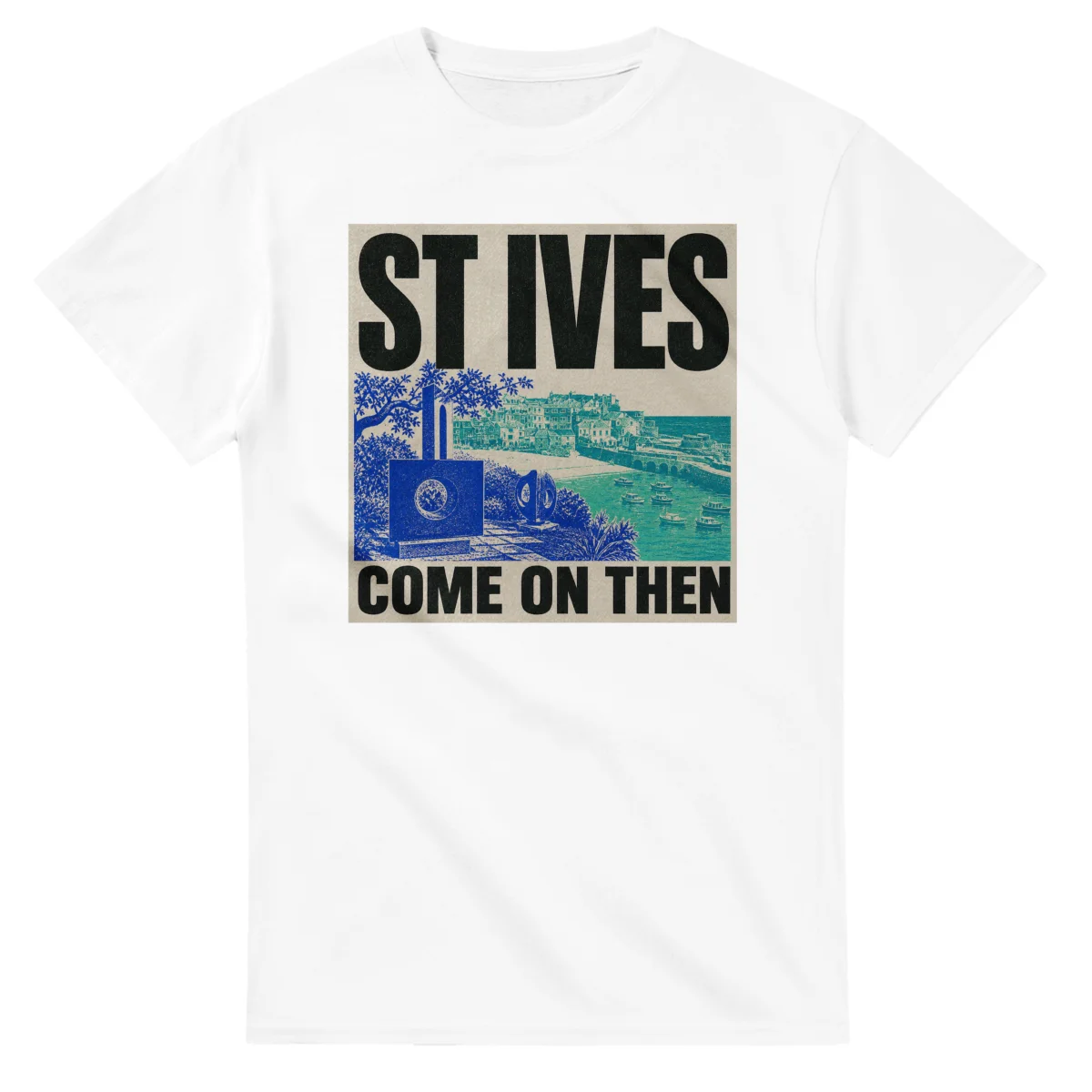Two-colour scenic illustration for St Ives, with the place name and COME ON THEN lettering.