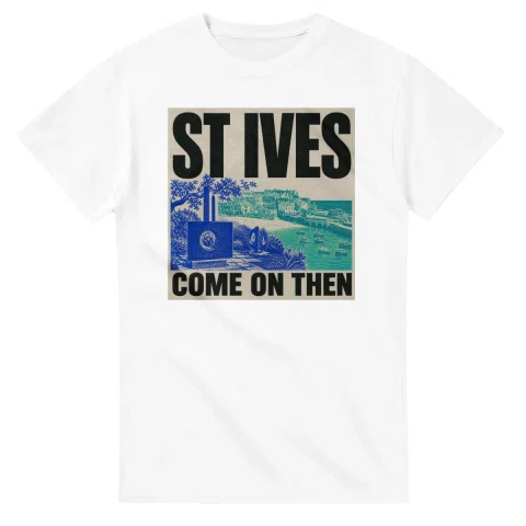 Two-colour scenic illustration for St Ives, with the place name and COME ON THEN lettering.