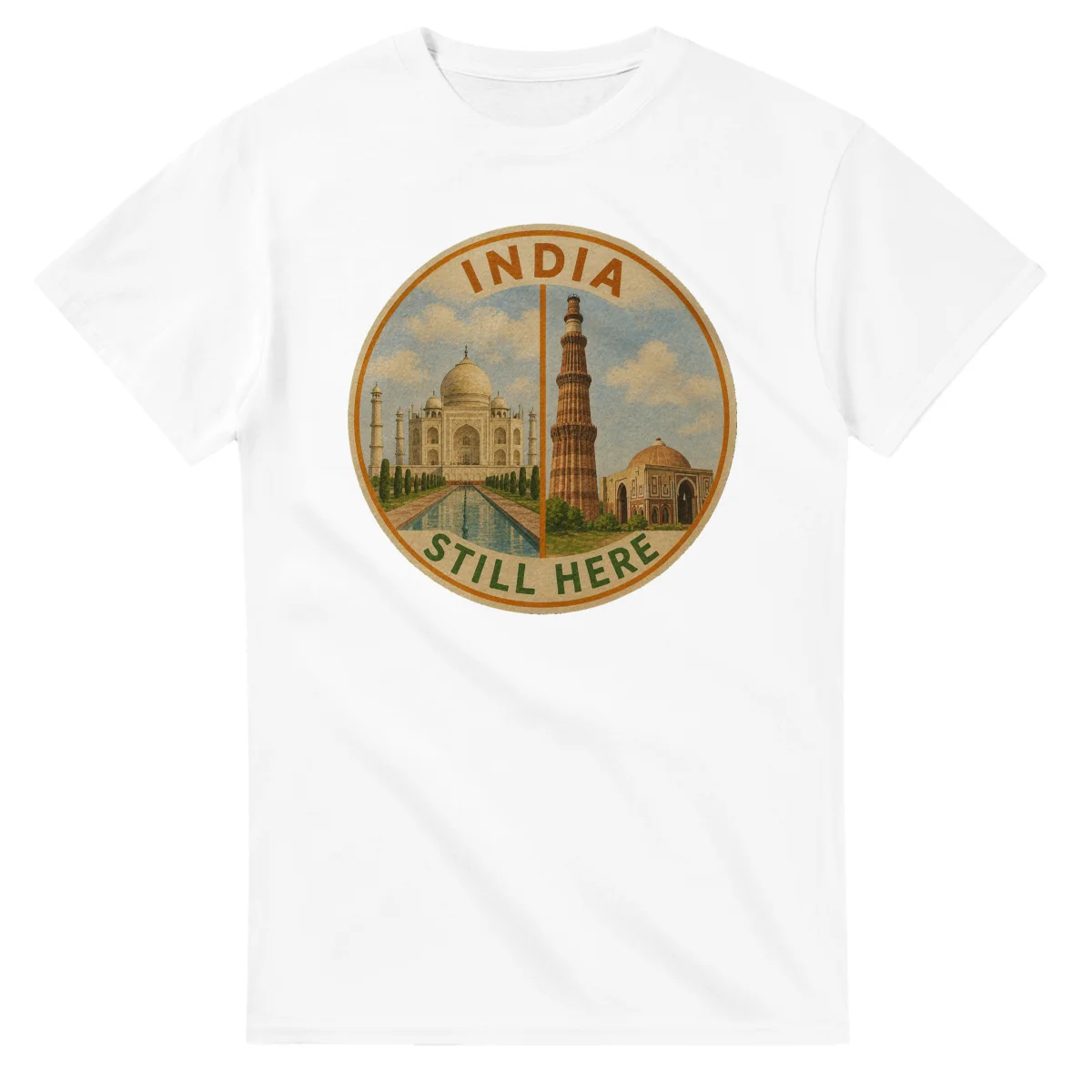 Painted, panelled scenic illustration for India, with paired local scenes and the place name in lettering.