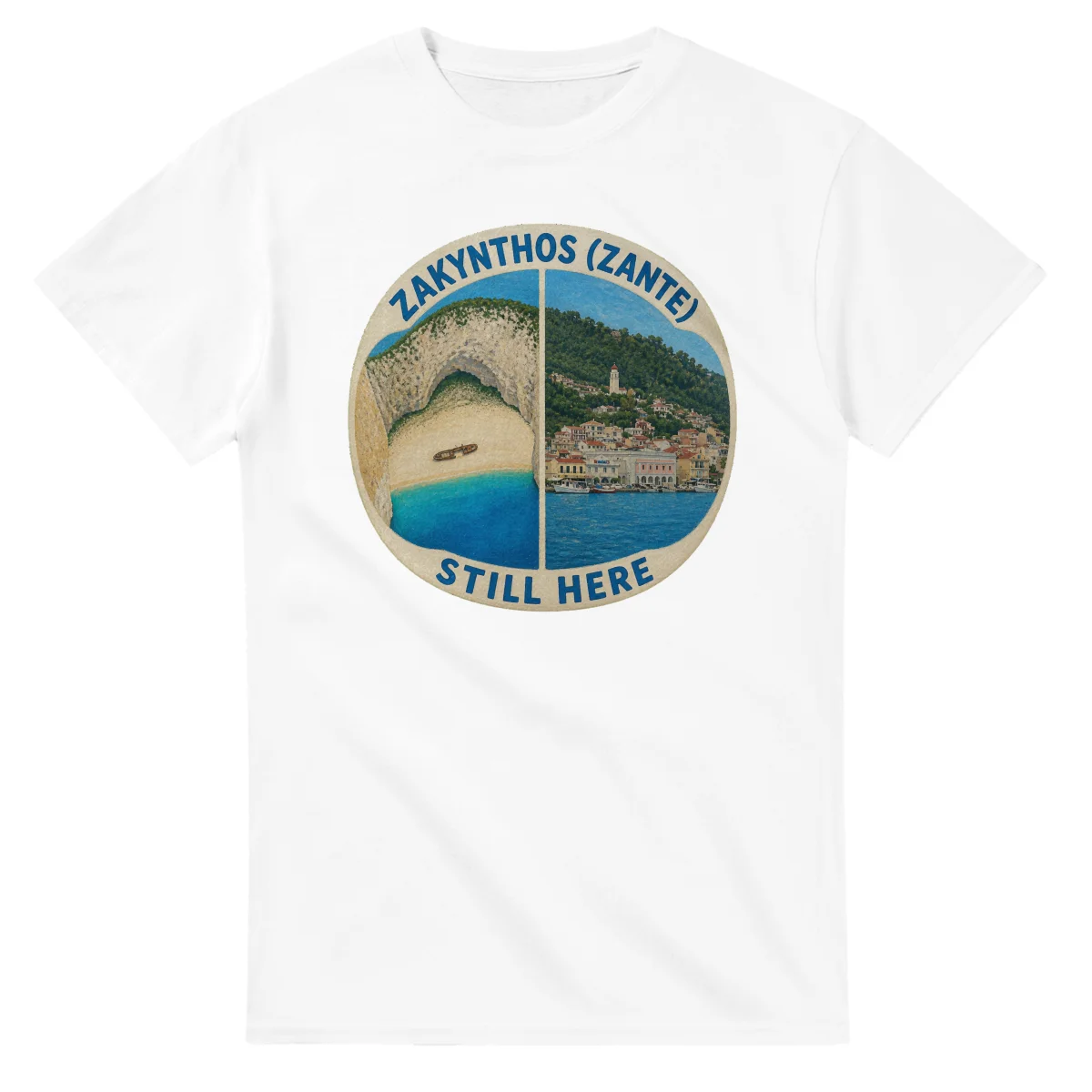 Painted, panelled scenic illustration for Zakynthos (Zante), with paired local scenes and the place name in lettering.
