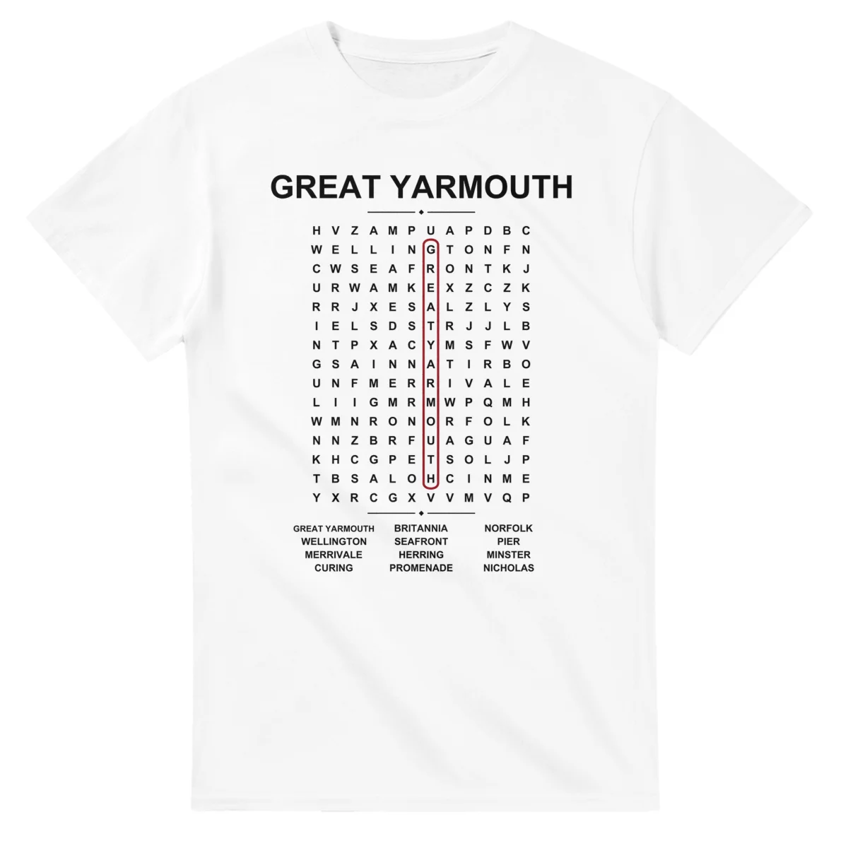 Word-search sheet for Great Yarmouth, with a large place-name heading, a letter grid, a local answer list, and a red highlighted example word.
