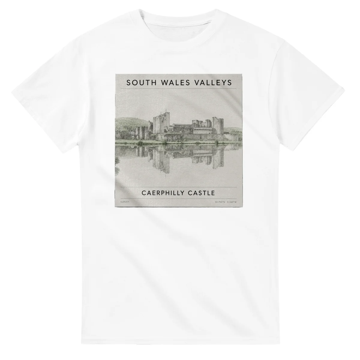 Fine-line engraving-style drawing for South Wales Valleys, with a landmark caption and small coordinate text.