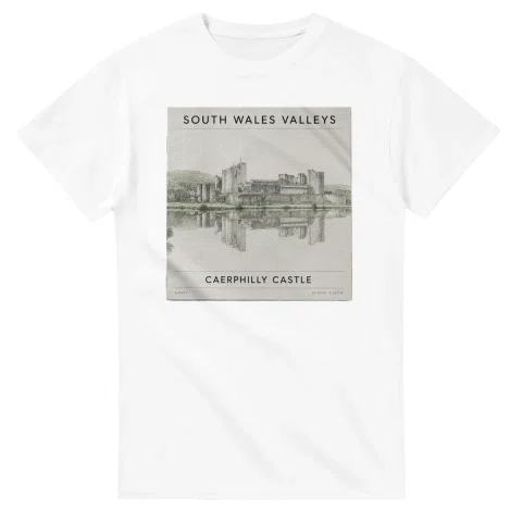 Fine-line engraving-style drawing for South Wales Valleys, with a landmark caption and small coordinate text.