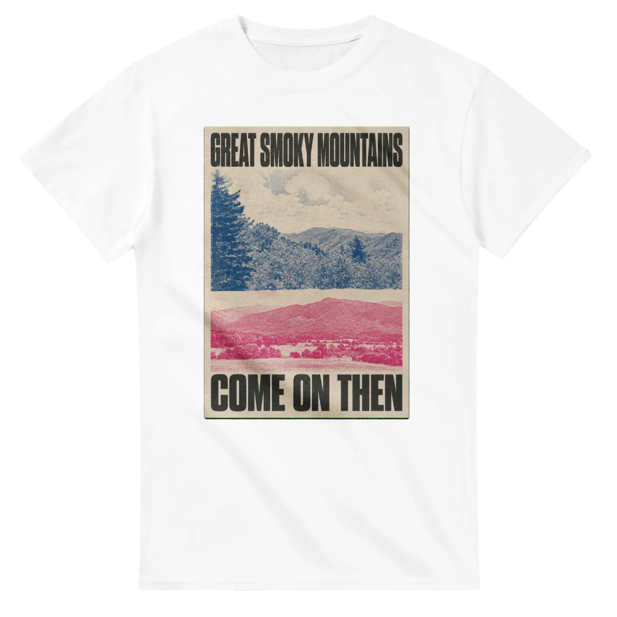 Two-colour scenic illustration for Great Smoky Mountains, with the place name and COME ON THEN lettering.