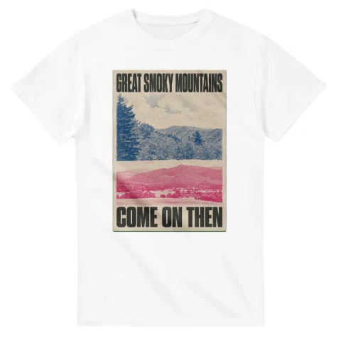 Two-colour scenic illustration for Great Smoky Mountains, with the place name and COME ON THEN lettering.