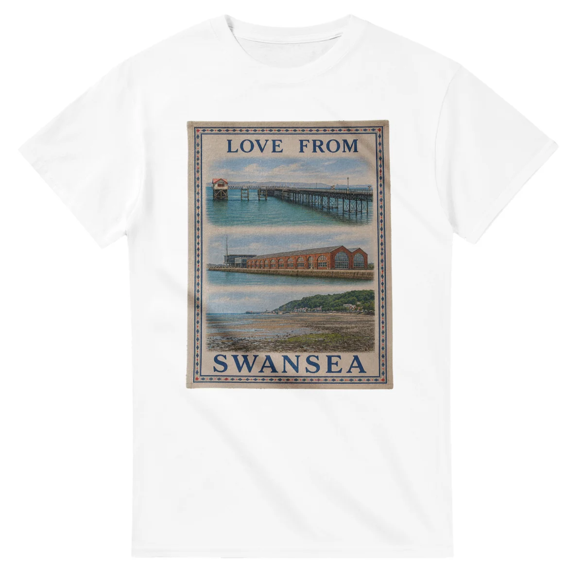 Cream framed scenic design with several local views, LOVE FROM lettering, and Swansea.