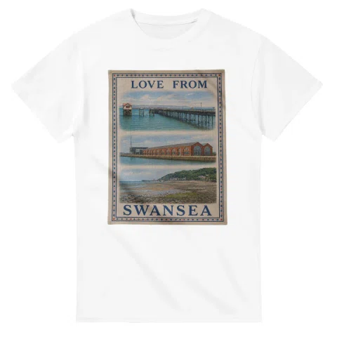 Cream framed scenic design with several local views, LOVE FROM lettering, and Swansea.