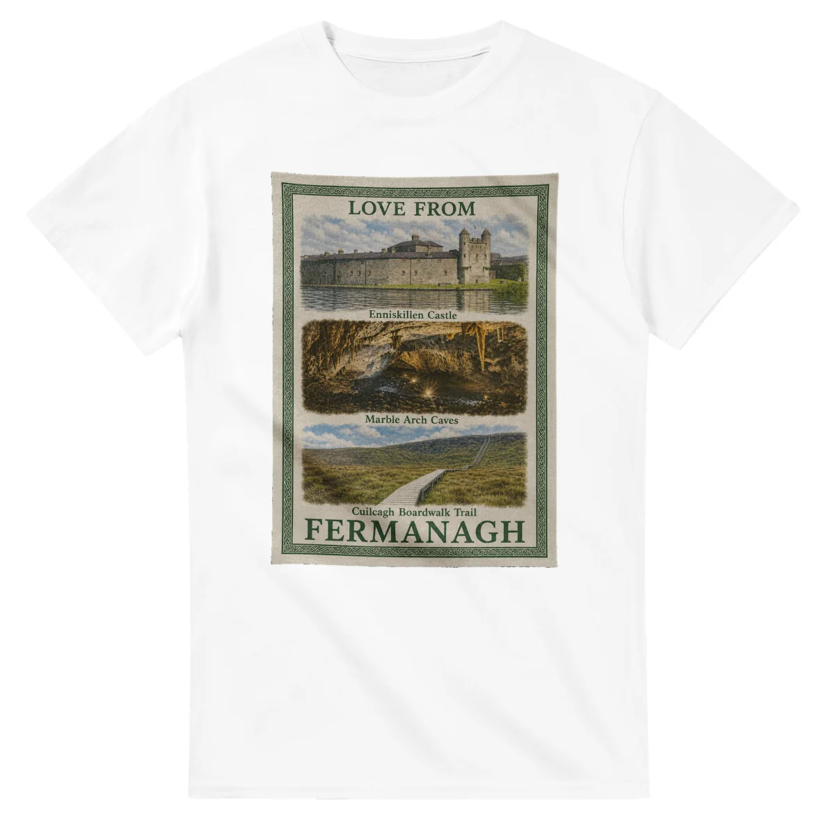 Framed scenic design for Fermanagh, with several local views, a decorative border and LOVE FROM lettering.