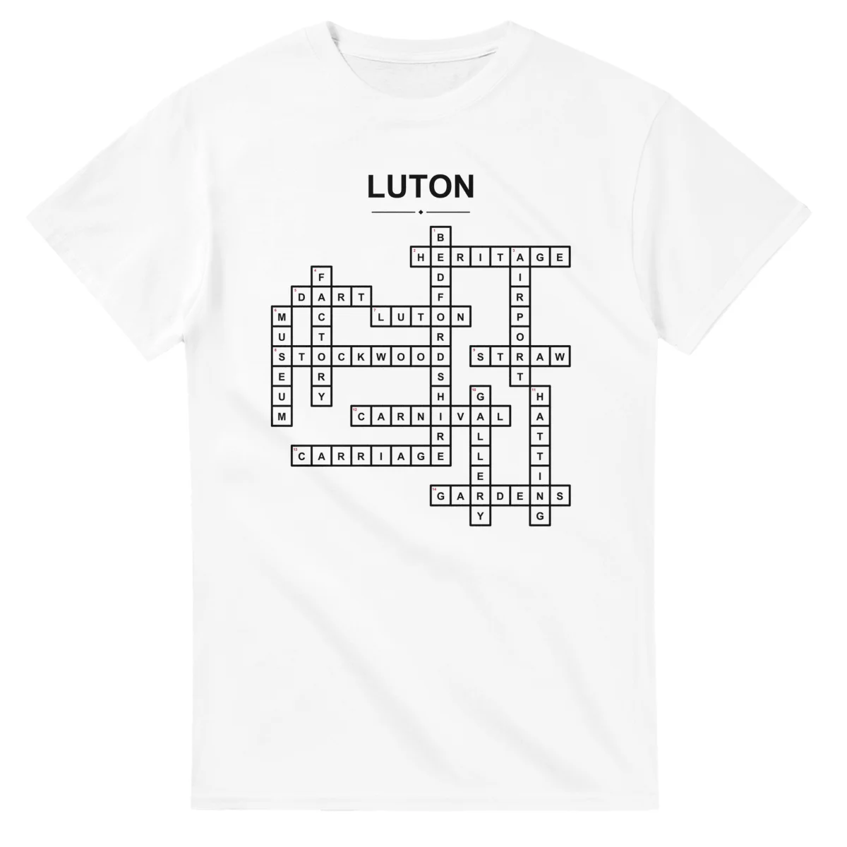 Monochrome crossword sheet for Luton, with a large place-name heading, a letter grid, and numbered across and down clues.