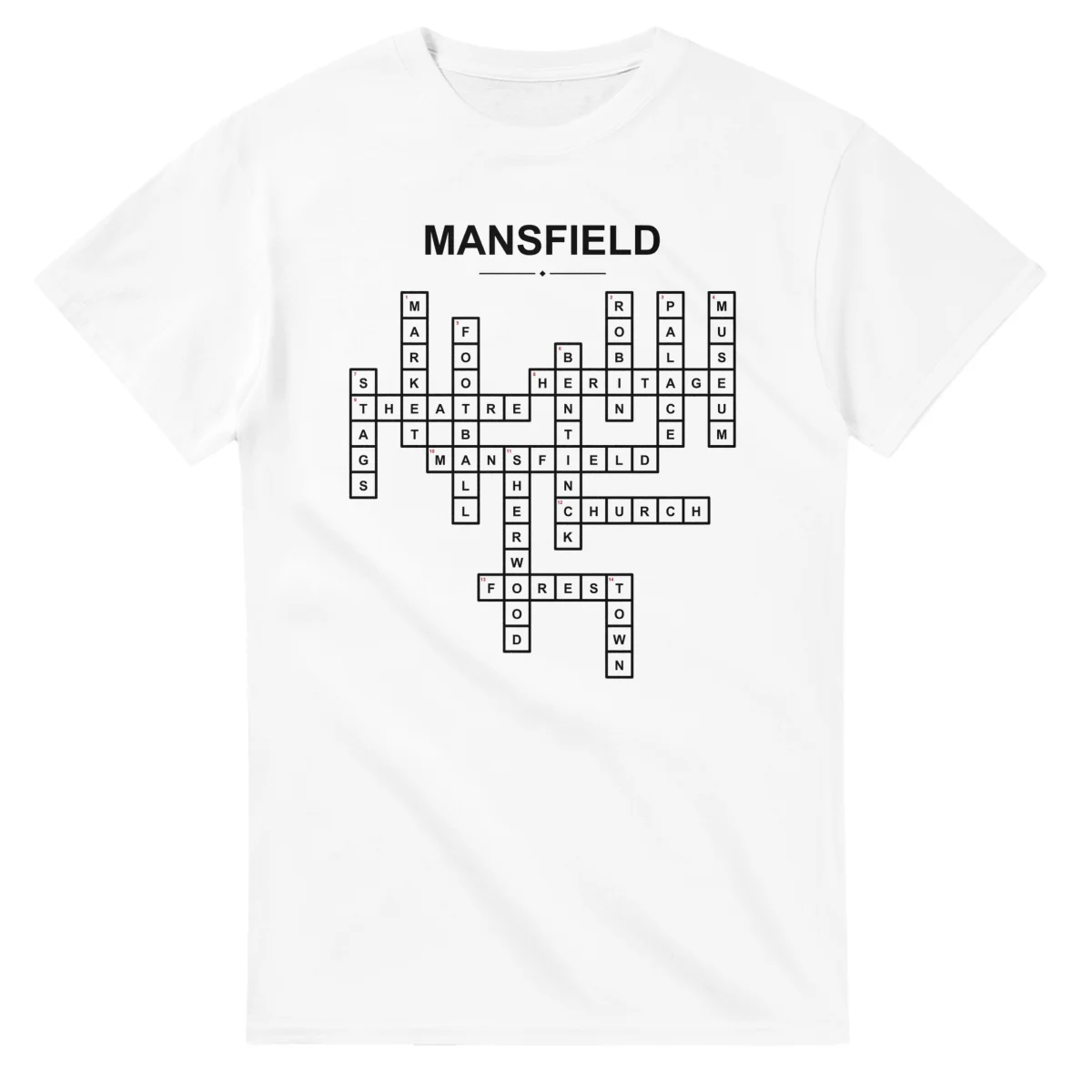 Monochrome crossword sheet for Mansfield, with a large place-name heading, a letter grid, and numbered across and down clues.