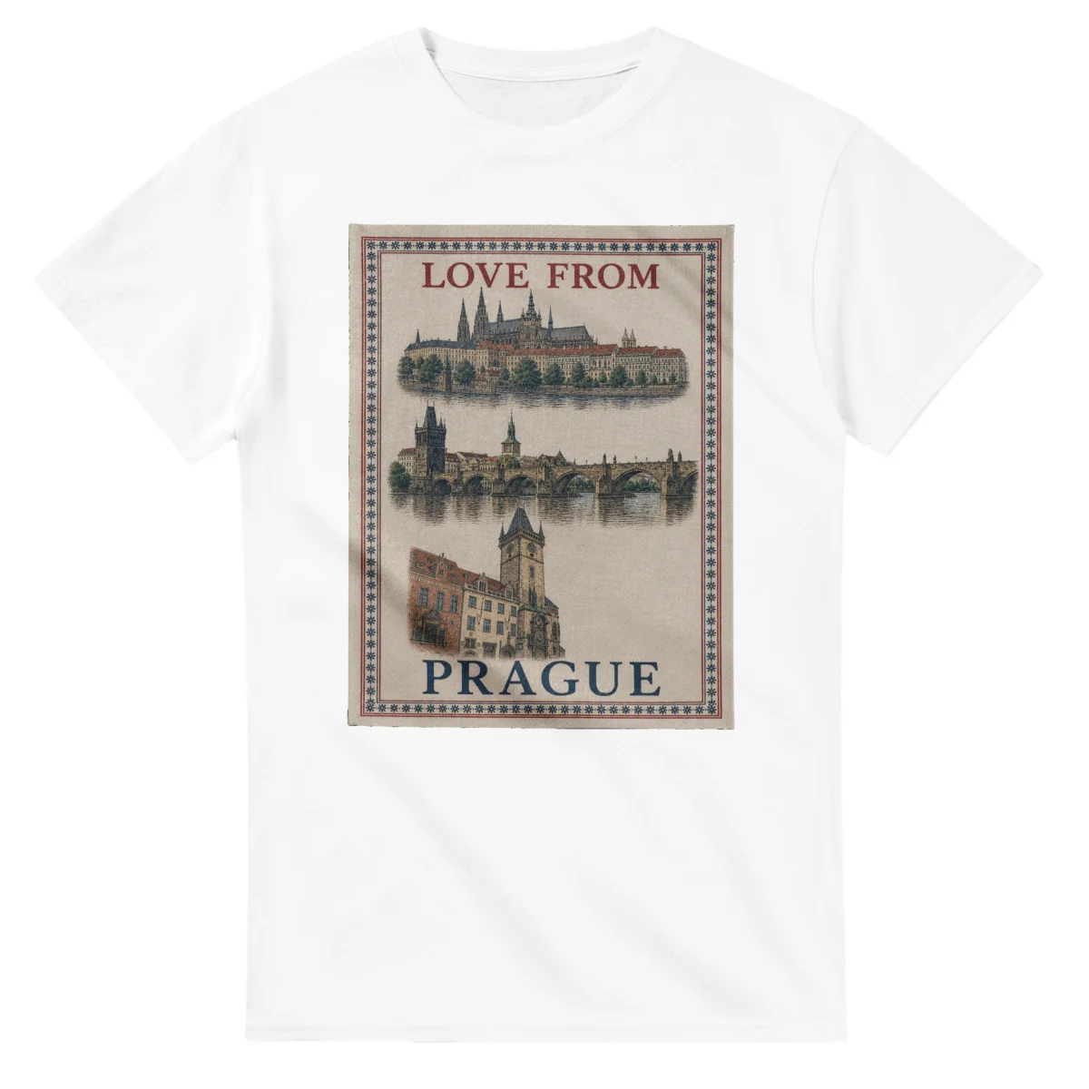 Framed scenic design for Prague, with several local views, a decorative border and LOVE FROM lettering.