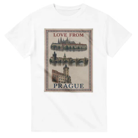 Framed scenic design for Prague, with several local views, a decorative border and LOVE FROM lettering.