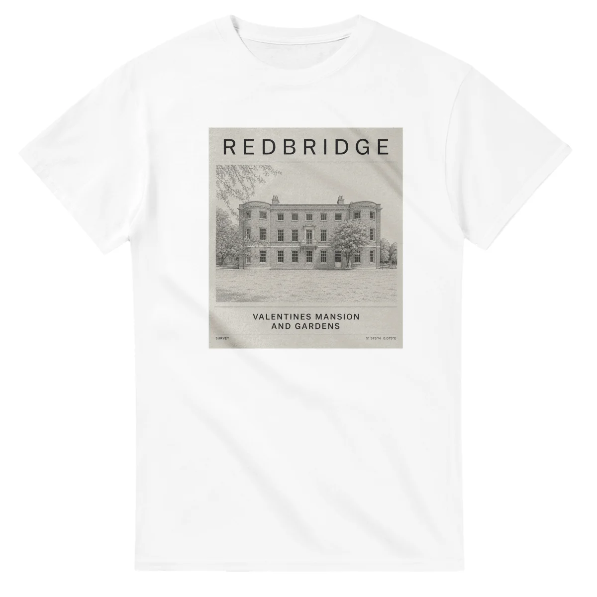 Fine-line engraving-style drawing for London Borough of Redbridge, with a landmark caption and small coordinate text.