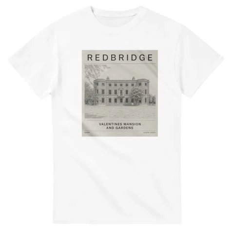 Fine-line engraving-style drawing for London Borough of Redbridge, with a landmark caption and small coordinate text.