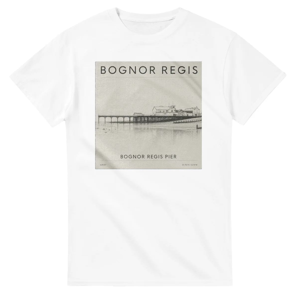 Fine-line engraving-style drawing for Bognor Regis, with a landmark caption and small coordinate text.