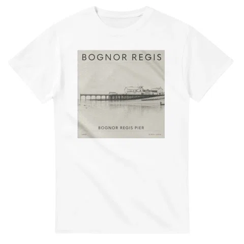 Fine-line engraving-style drawing for Bognor Regis, with a landmark caption and small coordinate text.
