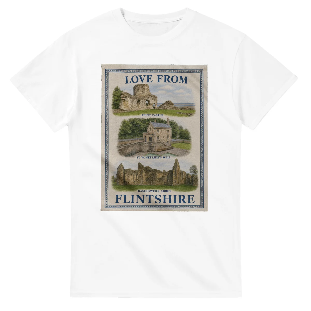 Framed scenic design for Flintshire, with several local views, a decorative border and LOVE FROM lettering.
