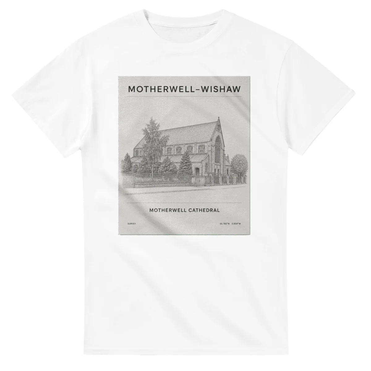 Fine-line engraving-style drawing for Motherwell–Wishaw, with a landmark caption and small coordinate text.