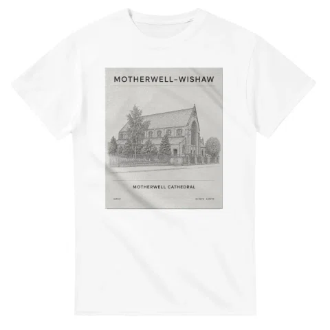 Fine-line engraving-style drawing for Motherwell–Wishaw, with a landmark caption and small coordinate text.