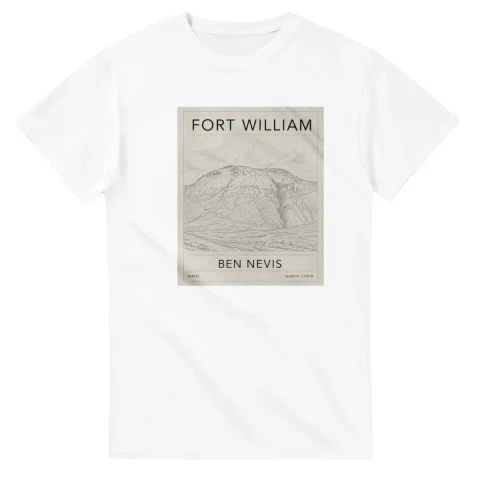 Fine-line engraving-style drawing for Fort William, with a landmark caption and small coordinate text.