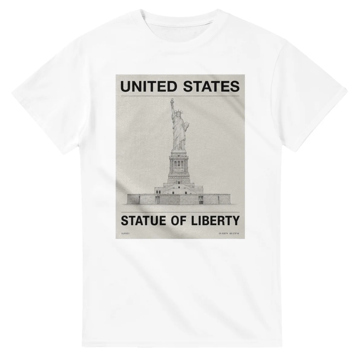 Fine-line engraving-style drawing for United States, with a landmark caption and small coordinate text.