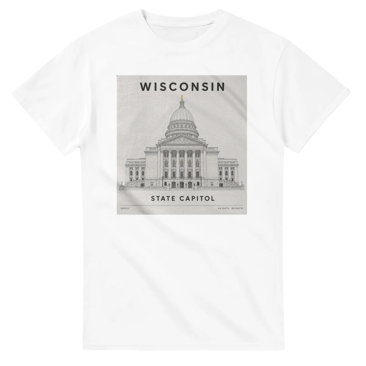 Fine-line engraving-style drawing for Wisconsin, with a landmark caption and small coordinate text.