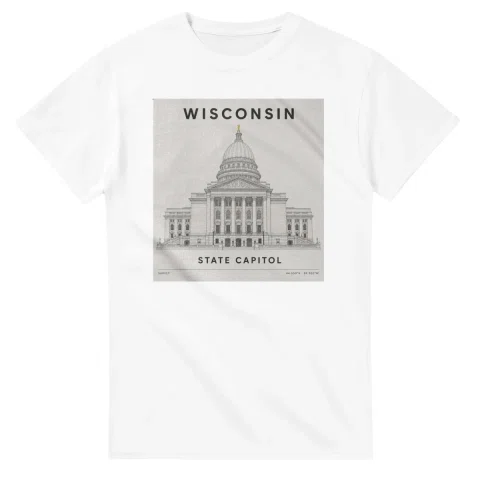 Fine-line engraving-style drawing for Wisconsin, with a landmark caption and small coordinate text.