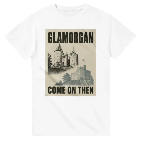 Two-colour scenic illustration for Glamorgan, with the place name and COME ON THEN lettering.