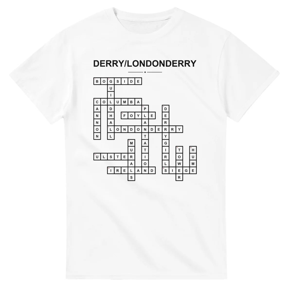 Monochrome crossword sheet for Derry/Londonderry, with a large place-name heading, a letter grid, and numbered across and down clues.