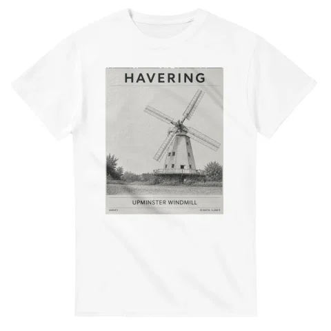Fine-line engraving-style drawing for London Borough of Havering, with a landmark caption and small coordinate text.