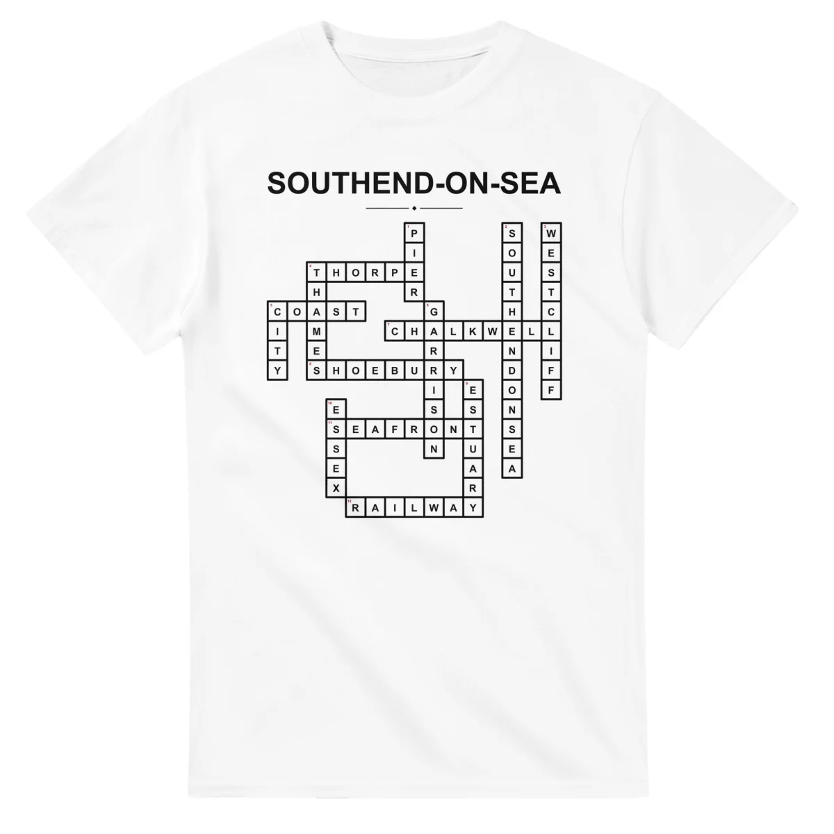 Monochrome crossword sheet for Southend-on-Sea, with a large place-name heading, a letter grid, and numbered across and down clues.