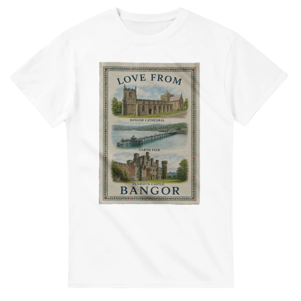 Framed scenic design for Bangor, with several local views, a decorative border and LOVE FROM lettering.