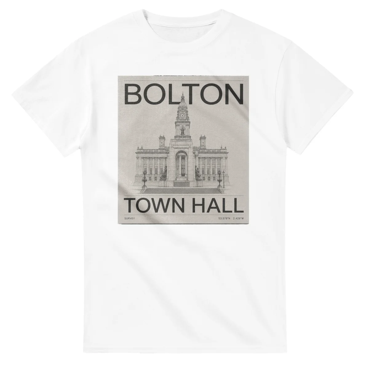 Fine-line engraving-style drawing for Bolton, with a landmark caption and small coordinate text.