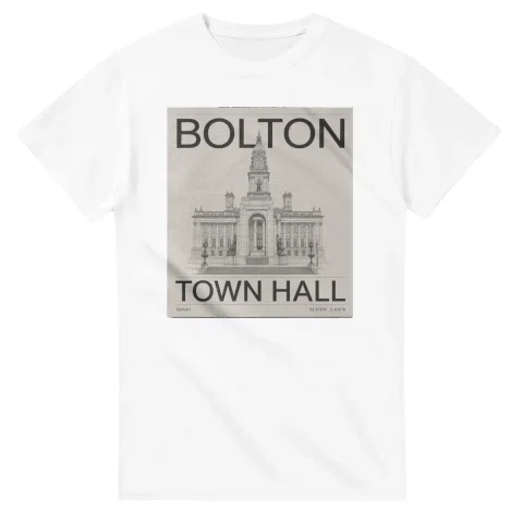 Fine-line engraving-style drawing for Bolton, with a landmark caption and small coordinate text.
