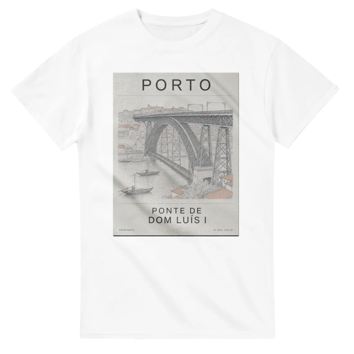Fine-line engraving-style drawing for Porto, with a landmark caption and small coordinate text.