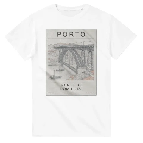 Fine-line engraving-style drawing for Porto, with a landmark caption and small coordinate text.