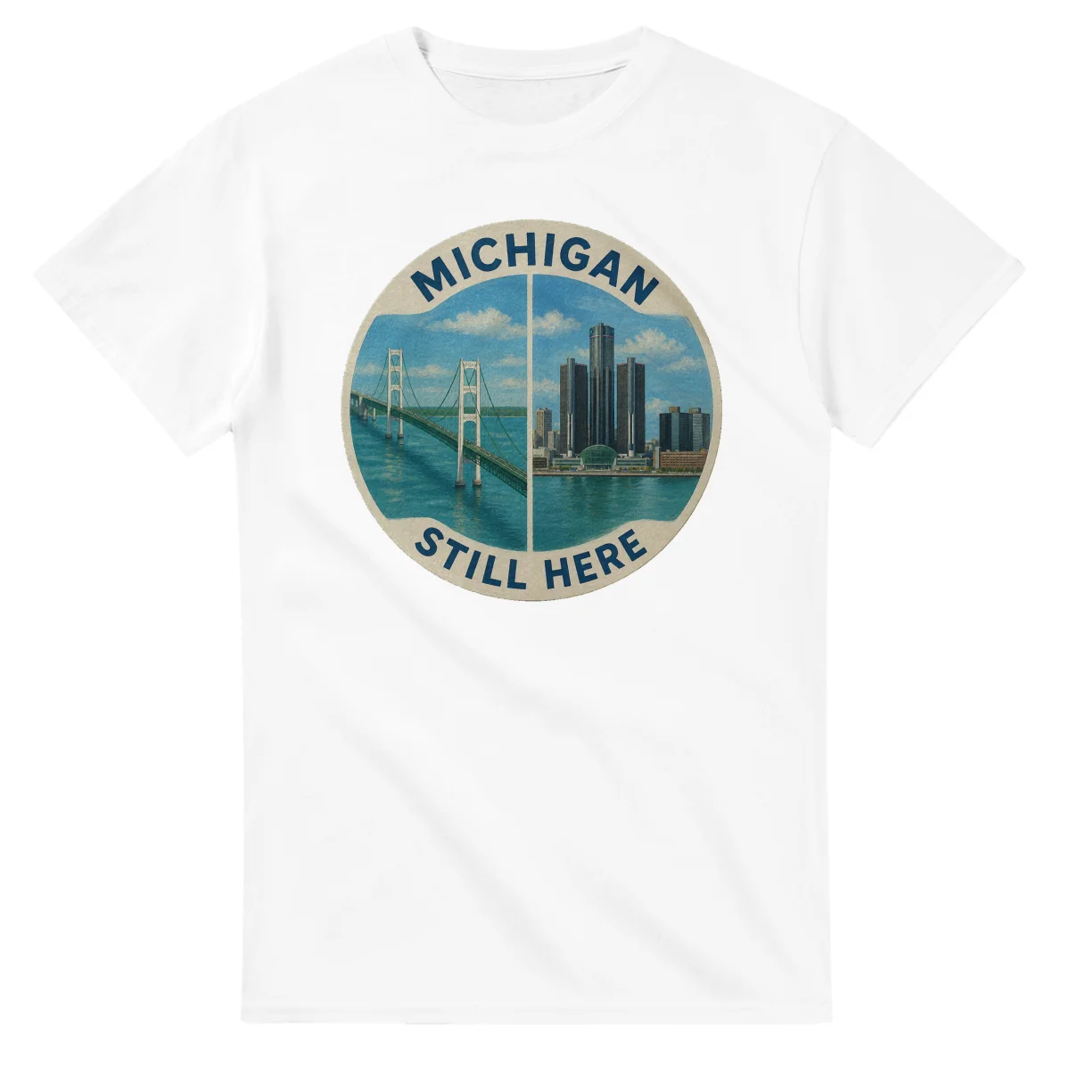 Painted, panelled scenic illustration for Michigan, with paired local scenes and the place name in lettering.