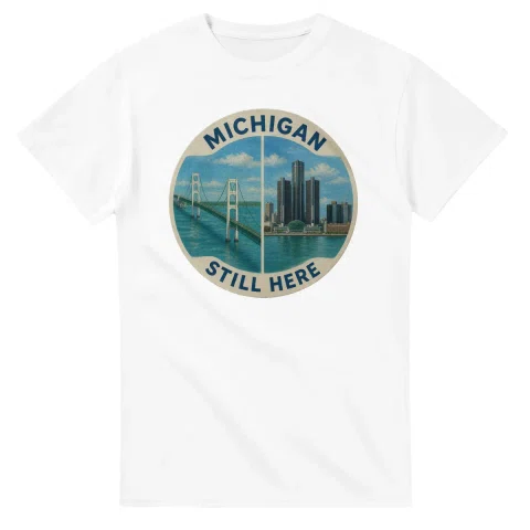 Painted, panelled scenic illustration for Michigan, with paired local scenes and the place name in lettering.