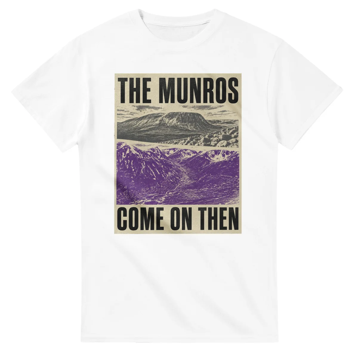 Two-colour scenic illustration for The Munros, with the place name and COME ON THEN lettering.
