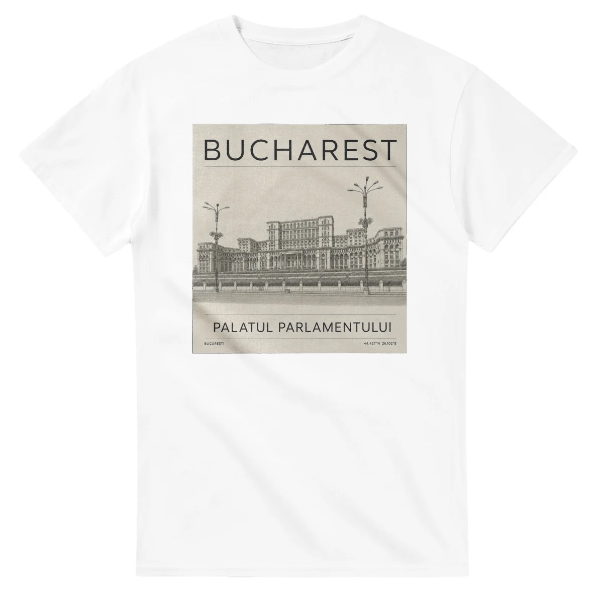 Fine-line engraving-style drawing for Bucharest, with a landmark caption and small coordinate text.