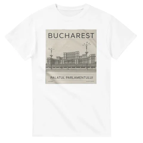 Fine-line engraving-style drawing for Bucharest, with a landmark caption and small coordinate text.