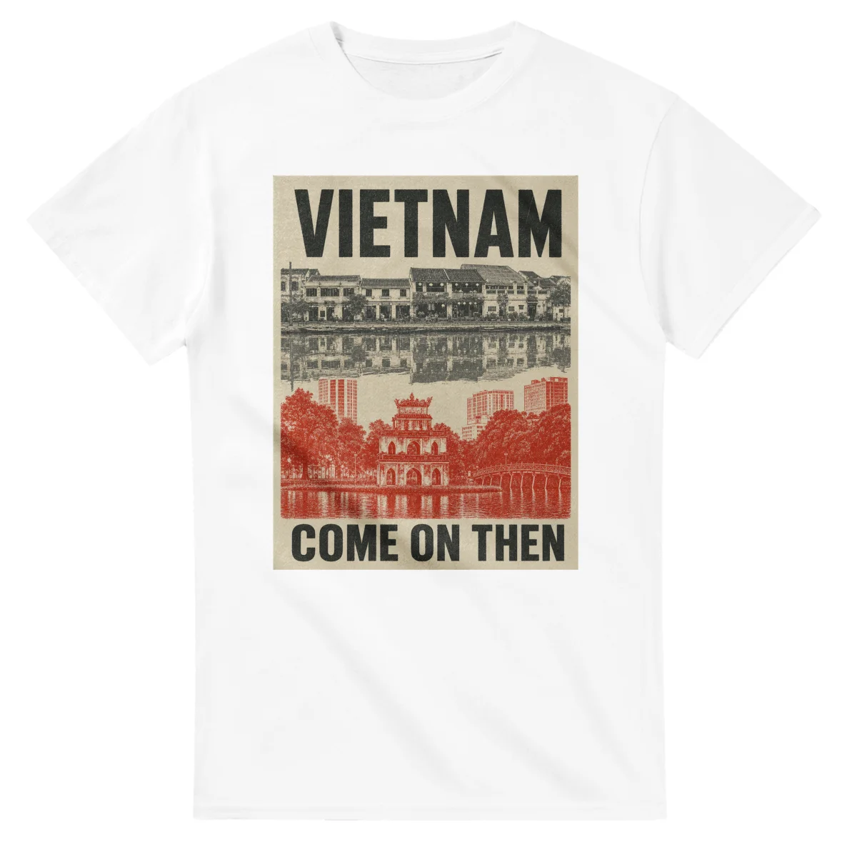 Two-colour scenic illustration for Vietnam, with the place name and COME ON THEN lettering.