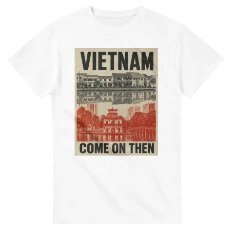 Two-colour scenic illustration for Vietnam, with the place name and COME ON THEN lettering.
